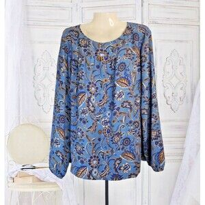 J Jill Wearever Collection Women's Paisley Blouse Size Large Blue Long Sleeve